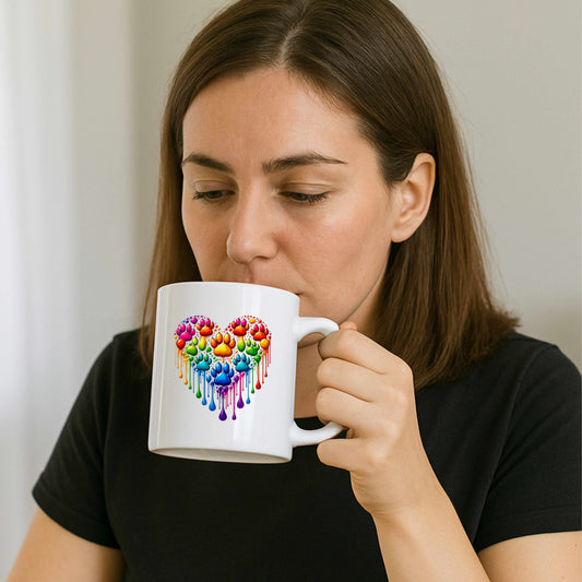 Colorful Heart Shaped Dog Paws Dripping Ceramic Mug