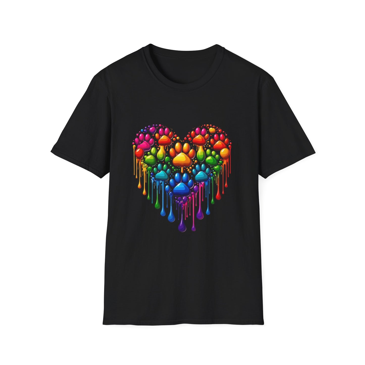 Colorful Paw Print Heart Shaped Dripping T-Shirt