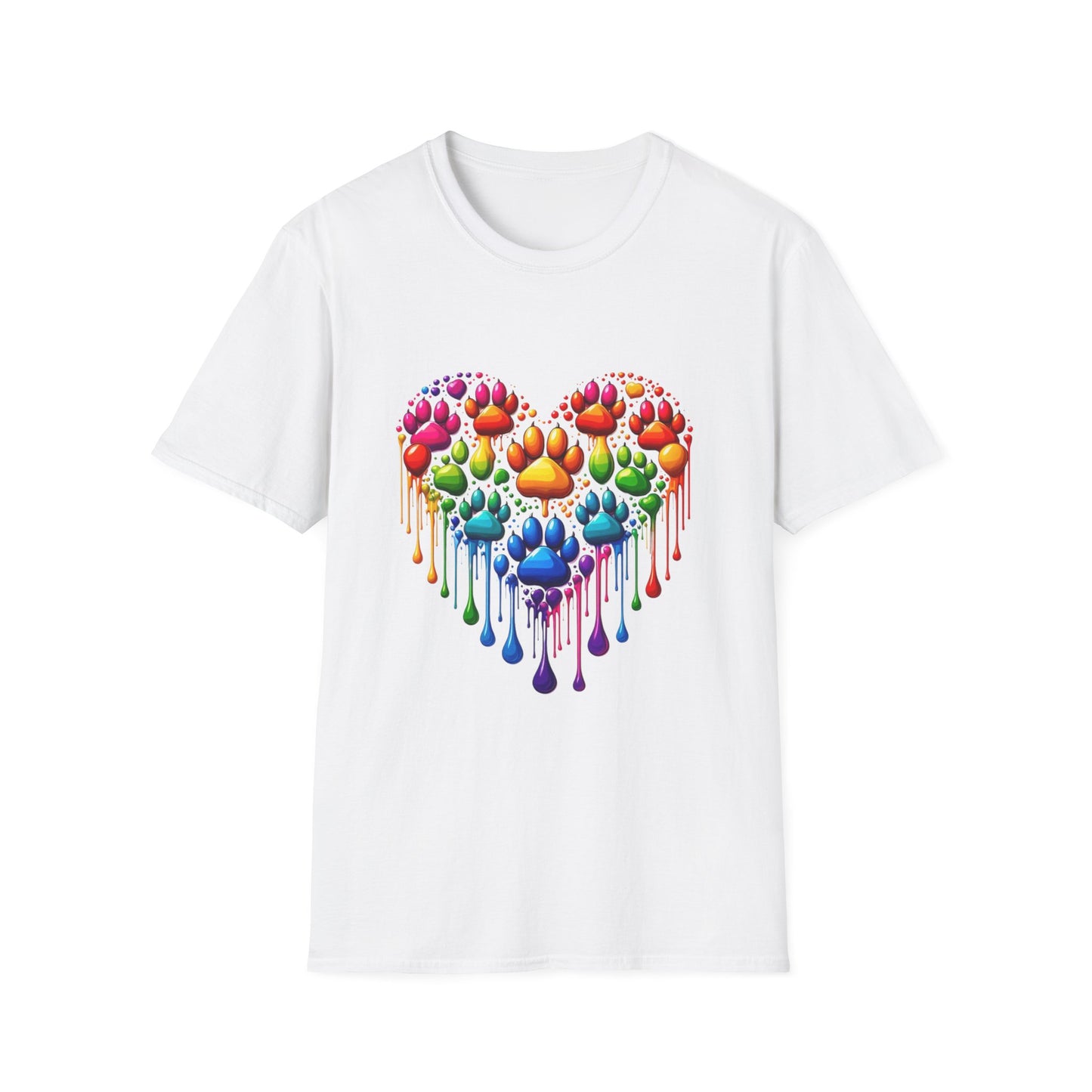 Colorful Paw Print Heart Shaped Dripping T-Shirt
