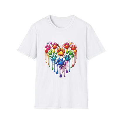 Colorful Paw Print Heart Shaped Dripping T-Shirt