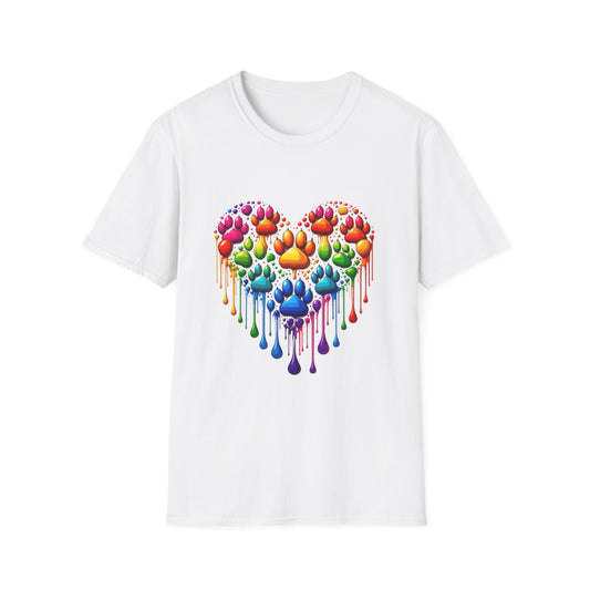 Colorful Paw Print Heart Shaped Dripping T-Shirt