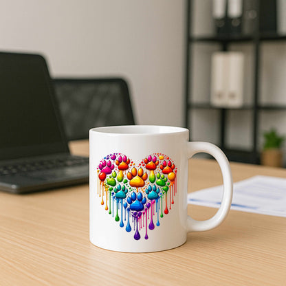 Colorful Heart Shaped Dog Paws Dripping Ceramic Mug