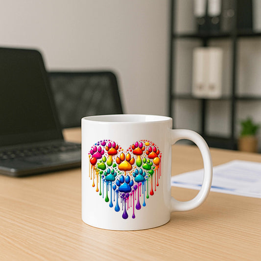Colorful Heart Shaped Dog Paws Dripping Ceramic Mug