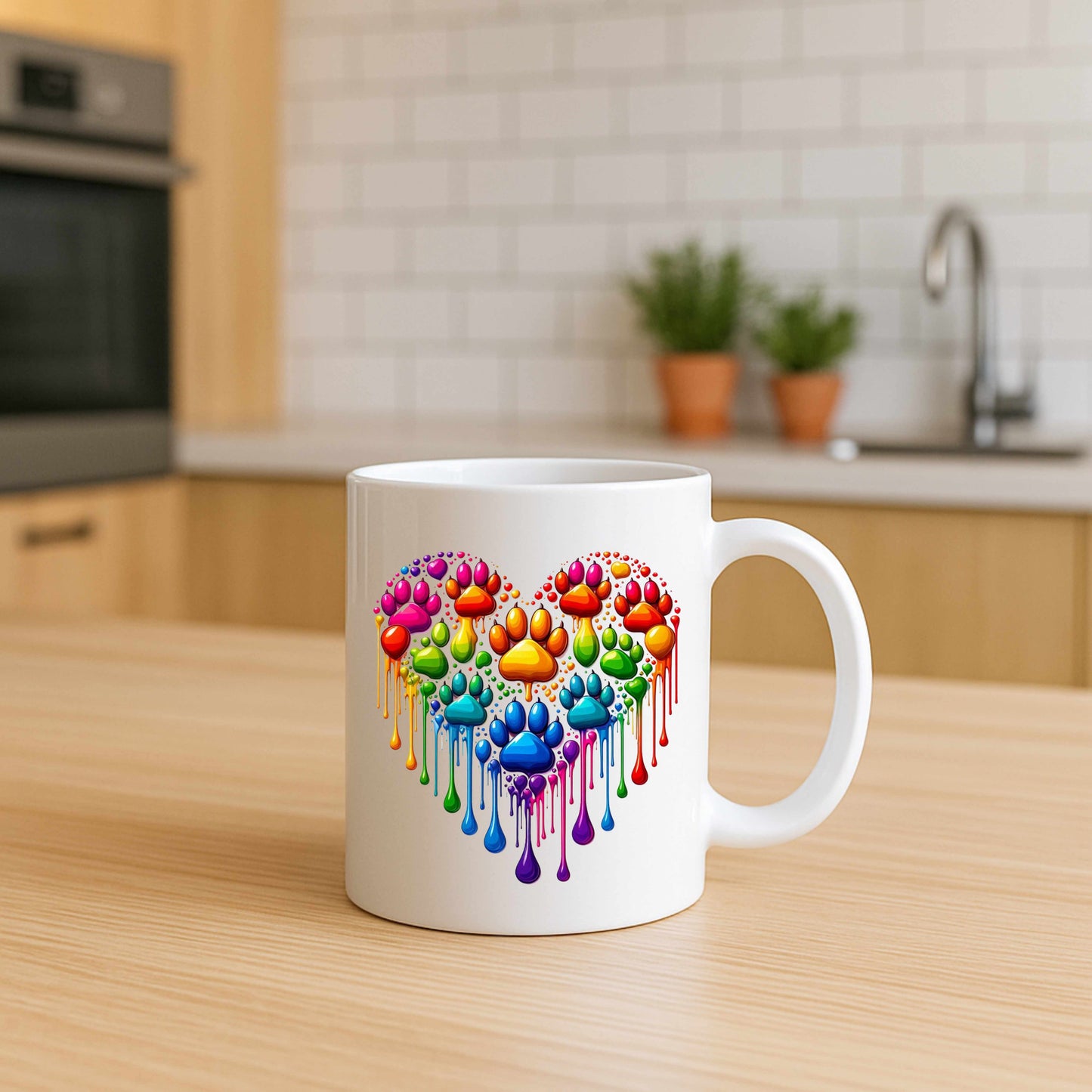 Colorful Heart Shaped Dog Paws Dripping Ceramic Mug