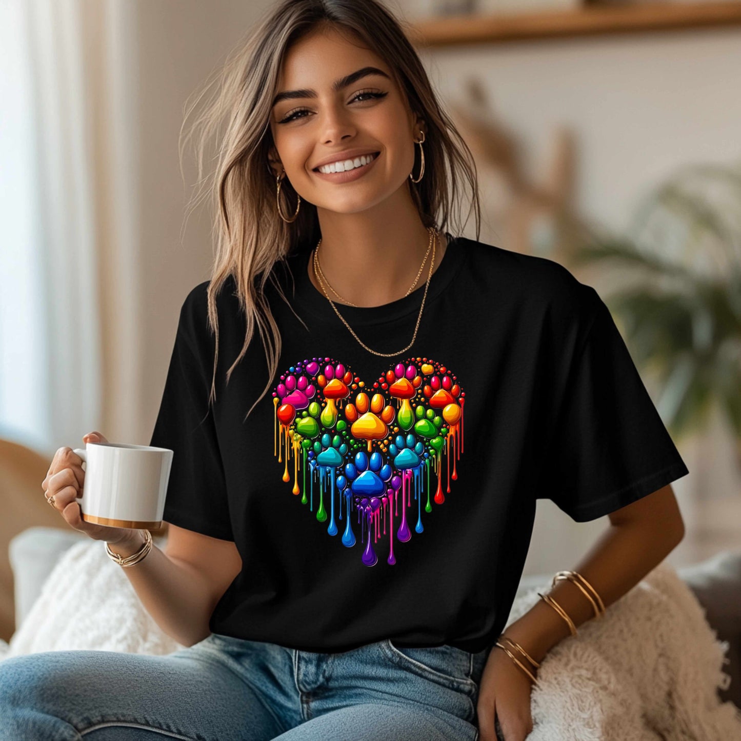 Colorful Paw Print Heart Shaped Dripping T-Shirt
