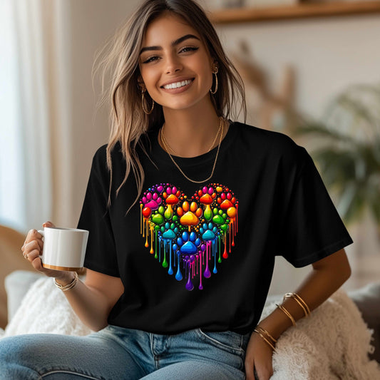 Colorful Paw Print Heart Shaped Dripping T-Shirt