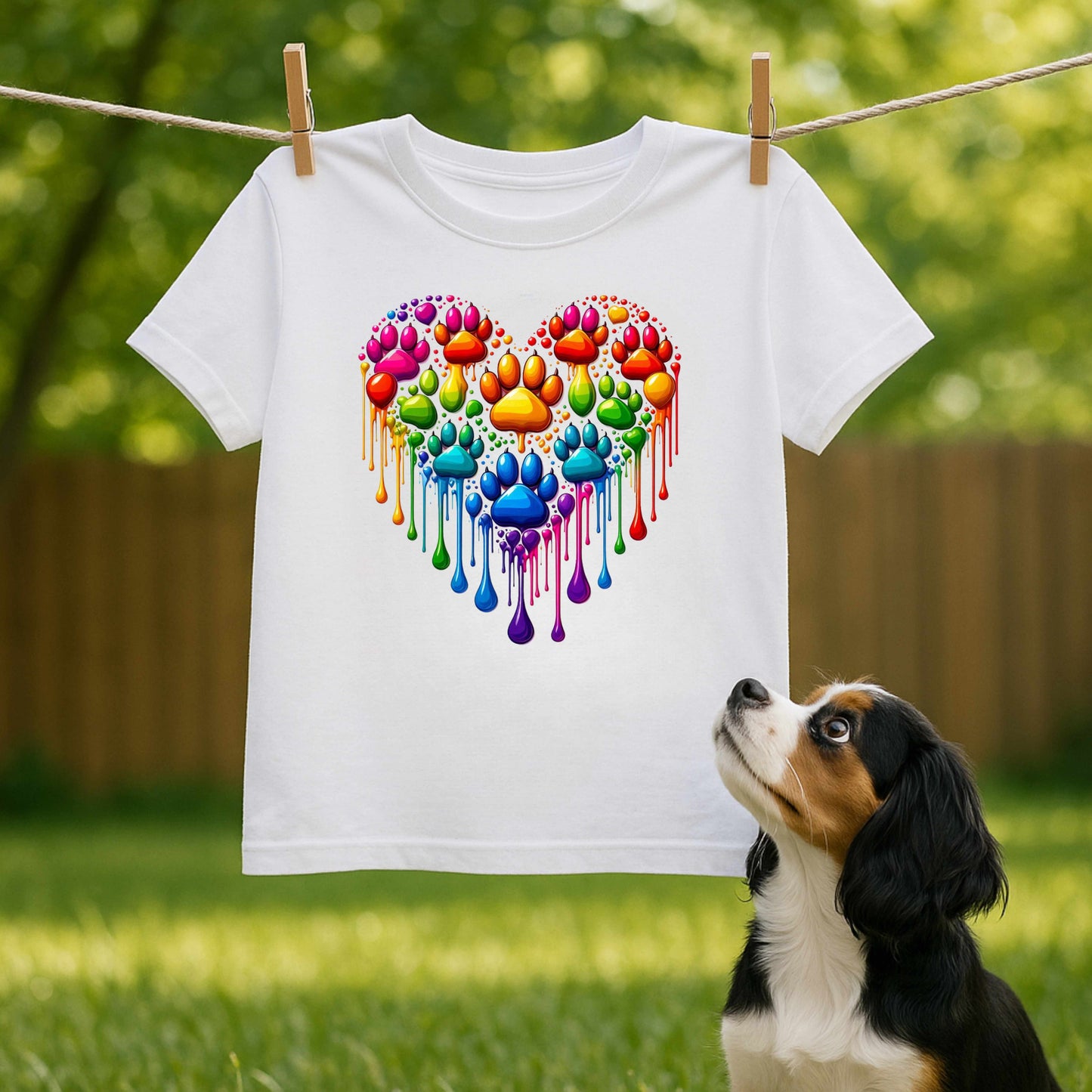 Colorful Paw Print Heart Shaped Dripping T-Shirt