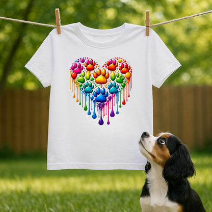 Colorful Paw Print Heart Shaped Dripping T-Shirt