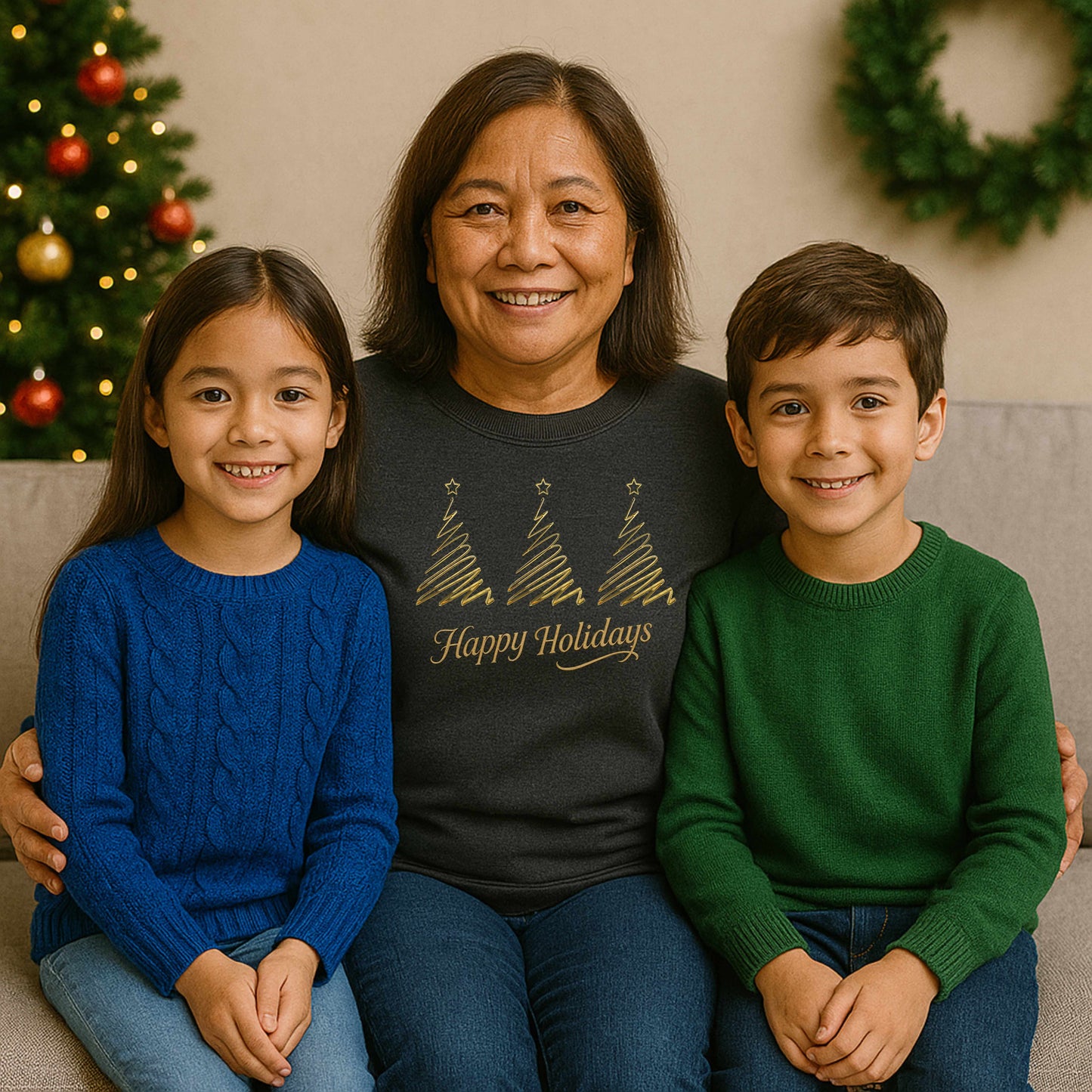 Elegant Gold “Happy Holidays” Christmas Tree Sweatshirt