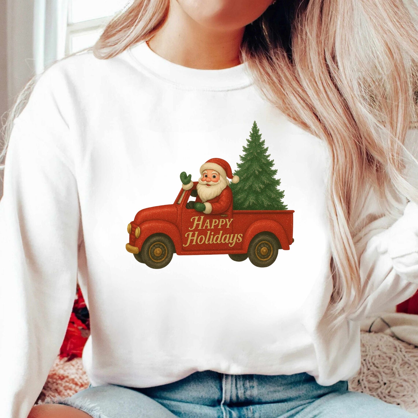 Santa’s Sparkly Red Truck “Happy Holidays” Sweatshirt