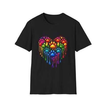 Colorful Paw Print Heart Shaped Dripping T-Shirt
