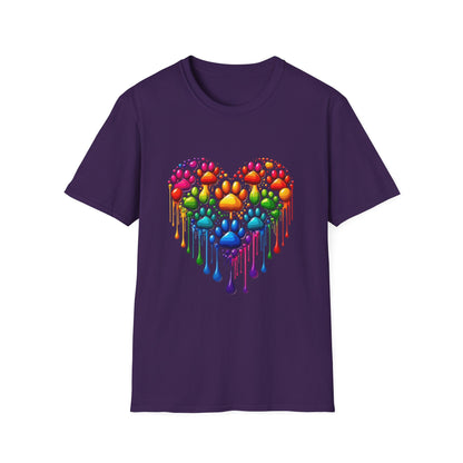 Colorful Paw Print Heart Shaped Dripping T-Shirt