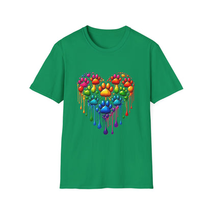 Colorful Paw Print Heart Shaped Dripping T-Shirt